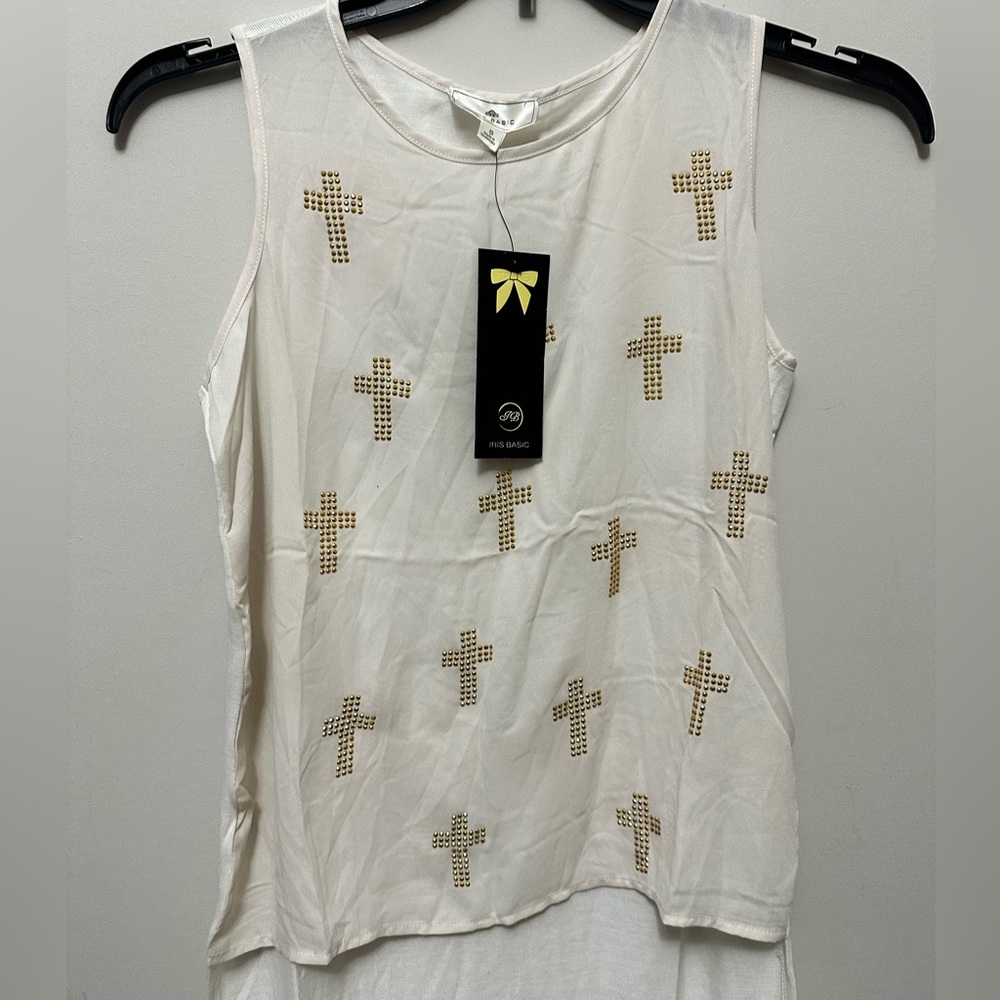 Iris Basic White Sleeveless Tank with Gold Studded Crosses